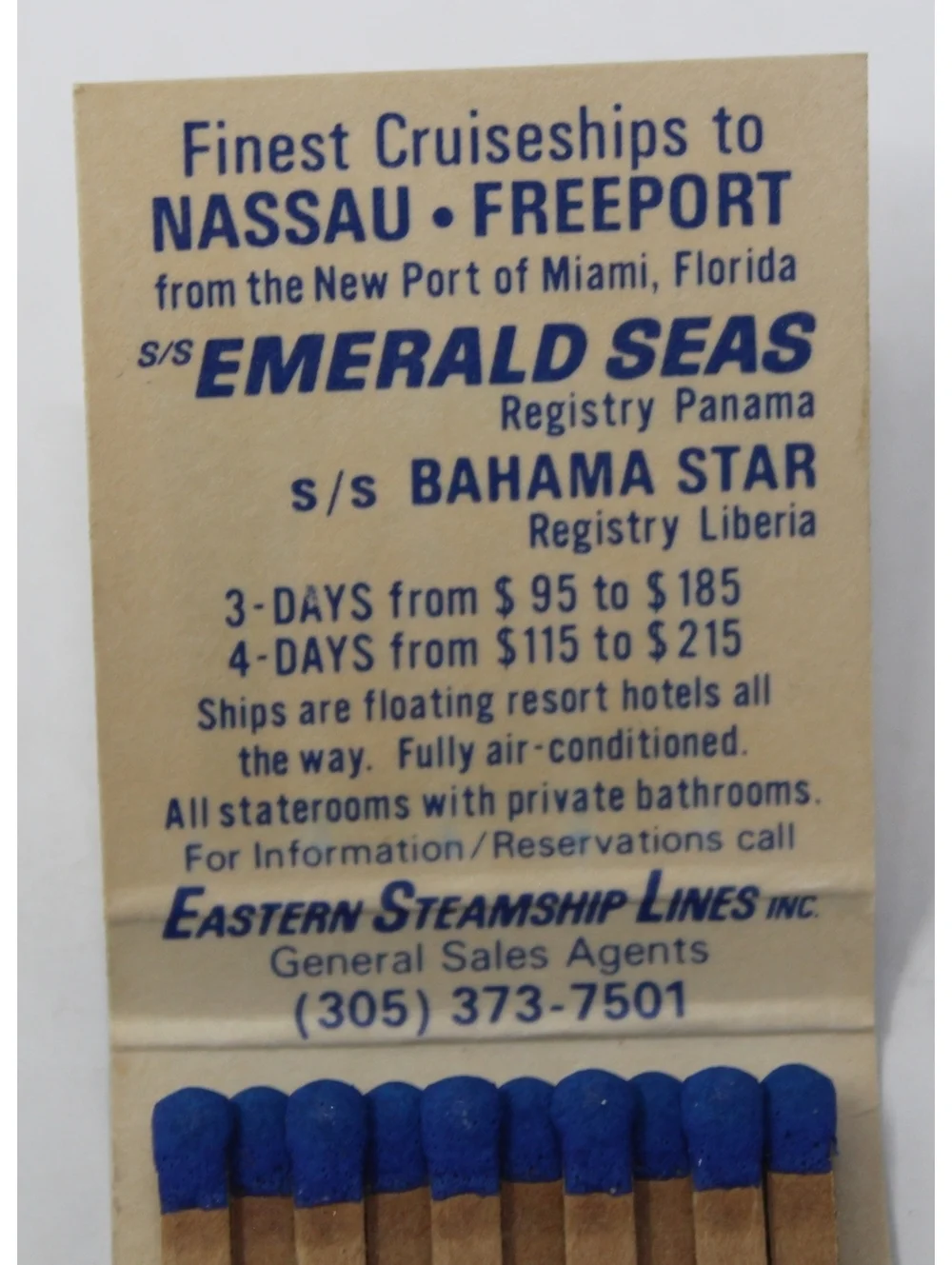 Vintage 1970s Matchbook S/S Emerald Seas S/S Bahama Star Eastern Steamship Lines